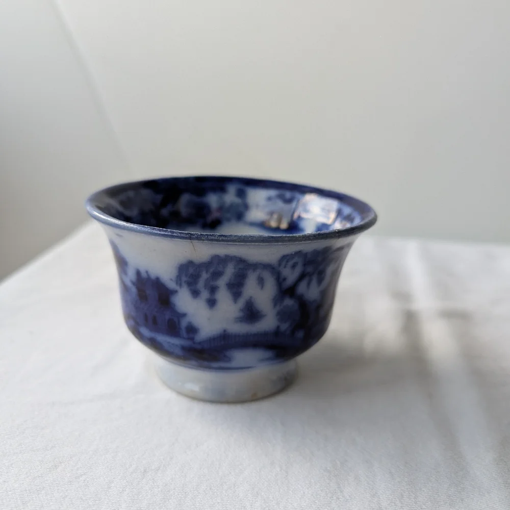 Antique J. Meir & Son England Kirkee Flow Blue Oriental Landscape Cup & Saucer